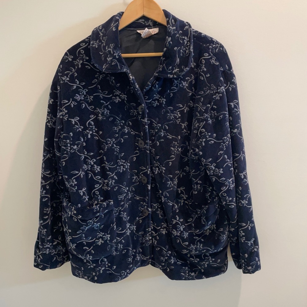 Karavan Vintage Navy Blue Floral Vine Jacket Button‎ Front Collared Medium